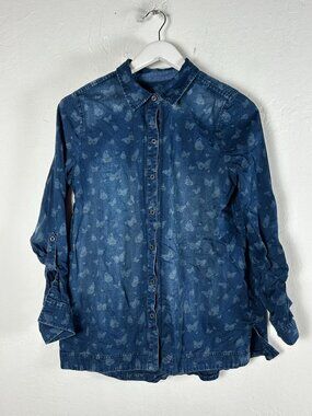 J. Jill Women’s Shirt Small Chambray Denim Butterfly Print Long Sleeve Button-Up